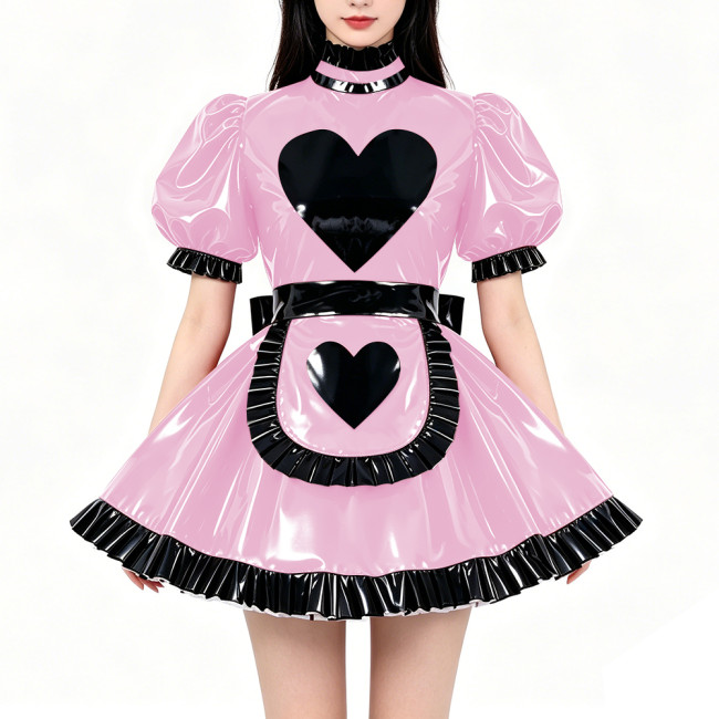 Lockable PVC Shiny Sweet Maid Uniforms Sissy High Collar Ruffle Trim A-line Mini Dress with Apron Carnival Party Cosplay Outfits