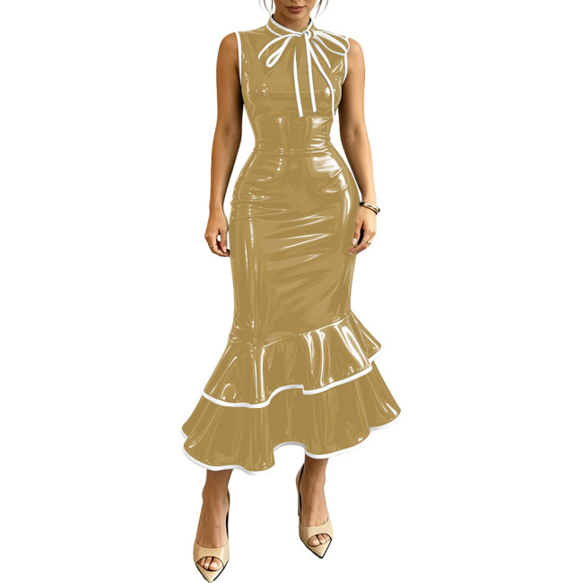 Ladies Elegant High Waist Bodycon Dress PVC Shiny Tea-Length Mermaid Evening Gowns Fashion Bow Neck Sleeveless Wet Look Dresses