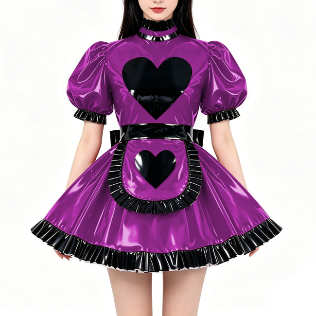 Lockable PVC Shiny Sweet Maid Uniforms Sissy High Collar Ruffle Trim A-line Mini Dress with Apron Carnival Party Cosplay Outfits