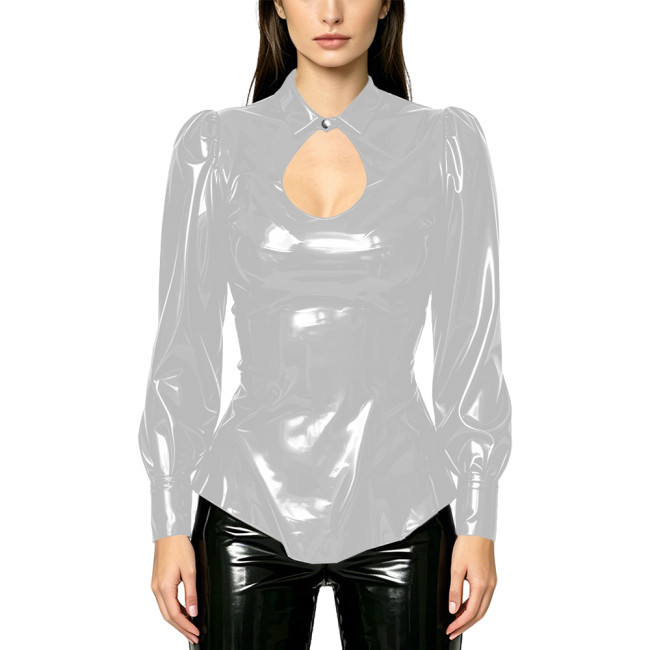 Ladies PVC Vinyl Leather Keyhole Neck Blouse Glossy Puff Long‑Sleeve Slim Fit Shirt Elegant Womens T-shirt Tops for Streetwear