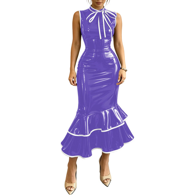 Ladies Elegant High Waist Bodycon Dress PVC Shiny Tea-Length Mermaid Evening Gowns Fashion Bow Neck Sleeveless Wet Look Dresses