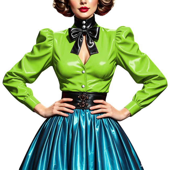Ladies Glossy PVC Leather Bow Neck Blouse Plus Size Puff Long Sleeve Button Front Shirt Retro Sexy Hollow Out Top for Nightclub