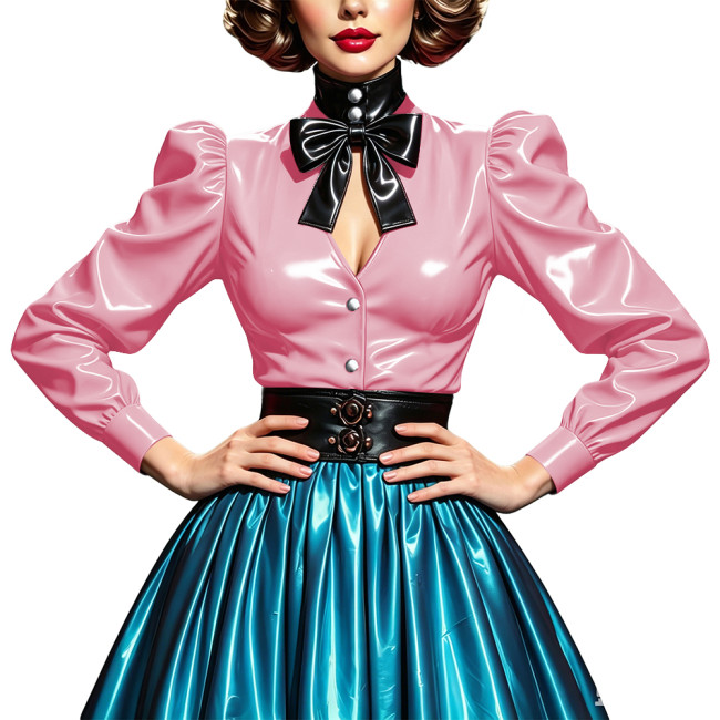 Ladies Glossy PVC Leather Bow Neck Blouse Plus Size Puff Long Sleeve Button Front Shirt Retro Sexy Hollow Out Top for Nightclub