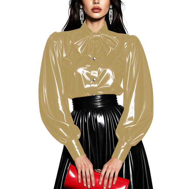 Wet PVC Leather Puff Long Sleeve Shirt with Button‑Down Glossy Vintage Tops Elegant Female Blouse Theme Party Night Club Wear