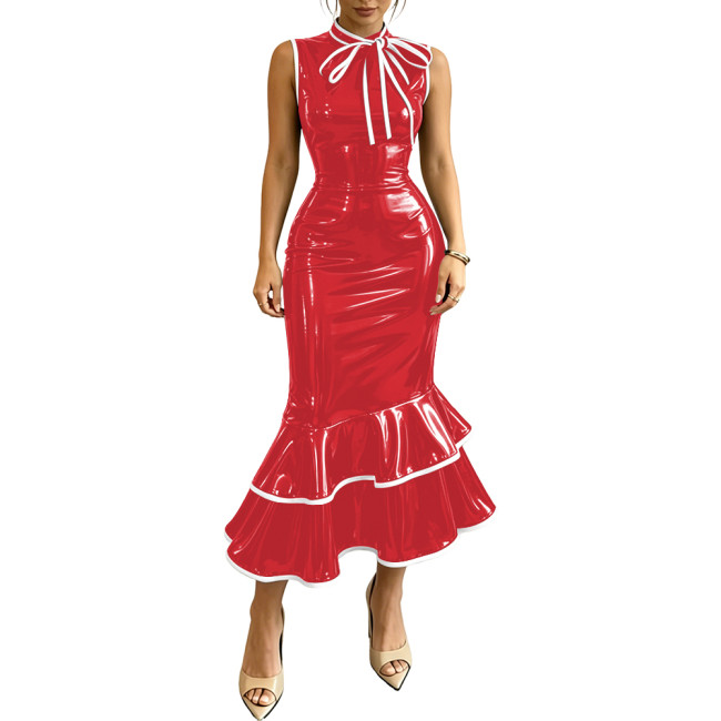 Ladies Elegant High Waist Bodycon Dress PVC Shiny Tea-Length Mermaid Evening Gowns Fashion Bow Neck Sleeveless Wet Look Dresses