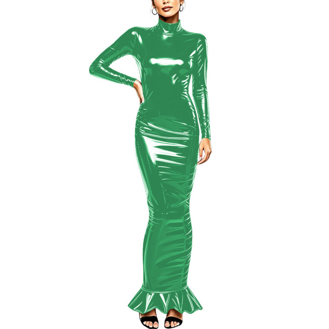 Sexy Women PVC Vinyl Leather Long Pencil Dress Wetlook Long Sleeve Turtleneck Bodycon Mermaid Maxi Dress Cocktail Party Costume