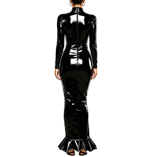 Sexy Women PVC Vinyl Leather Long Pencil Dress Wetlook Long Sleeve Turtleneck Bodycon Mermaid Maxi Dress Cocktail Party Costume