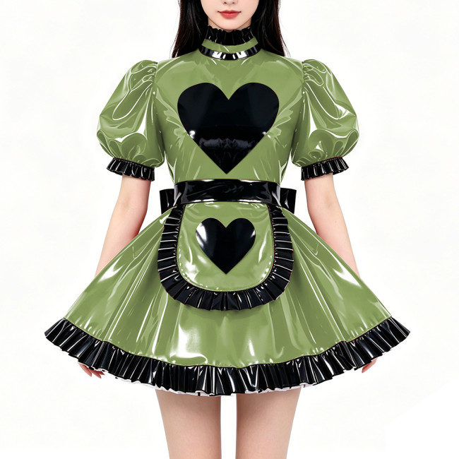 Lockable PVC Shiny Sweet Maid Uniforms Sissy High Collar Ruffle Trim A-line Mini Dress with Apron Carnival Party Cosplay Outfits