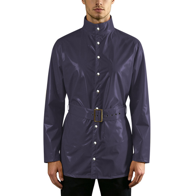 Mens Shiny Faux PVC Leather Long Jackets with Belt Wet Look Stand Collar Button Down Coat Male Outerwear Nightclub Party Outfits
