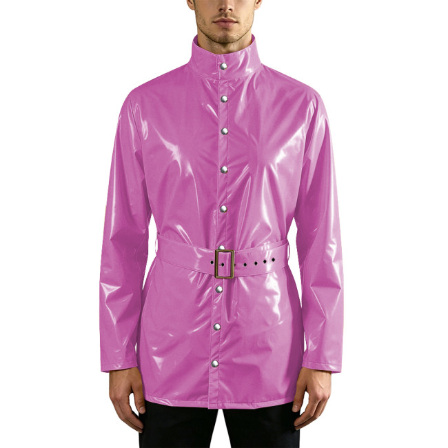 Mens Shiny Faux PVC Leather Long Jackets with Belt Wet Look Stand Collar Button Down Coat Male Outerwear Nightclub Party Outfits