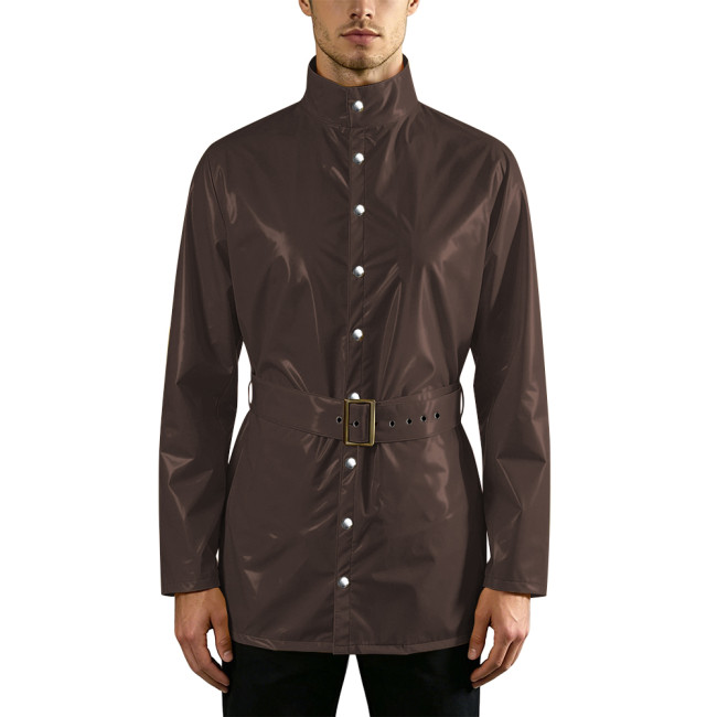 Mens Shiny Faux PVC Leather Long Jackets with Belt Wet Look Stand Collar Button Down Coat Male Outerwear Nightclub Party Outfits
