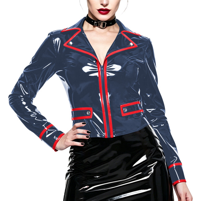 Gothic Shiny PVC Leather Short Jacket for Ladies Fashion Lapel Collar Zipper Long Sleeve Slim Coat Tops Glossy Club Outerwear