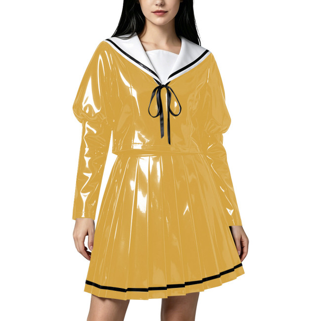 Sweet Wetlook PVC Sailor Cosplay Outfit Sailor Collar Puff Long Sleeve Pleated Short Skirt 2‑Piece Set for Theme Party Halloween