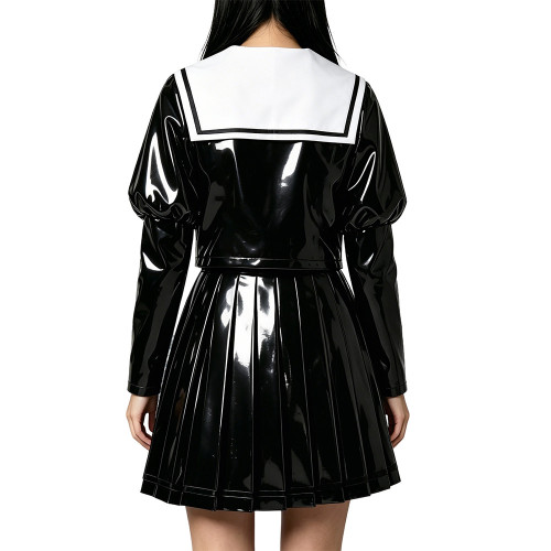 Sweet Wetlook PVC Sailor Cosplay Outfit Sailor Collar Puff Long Sleeve Pleated Short Skirt 2‑Piece Set for Theme Party Halloween