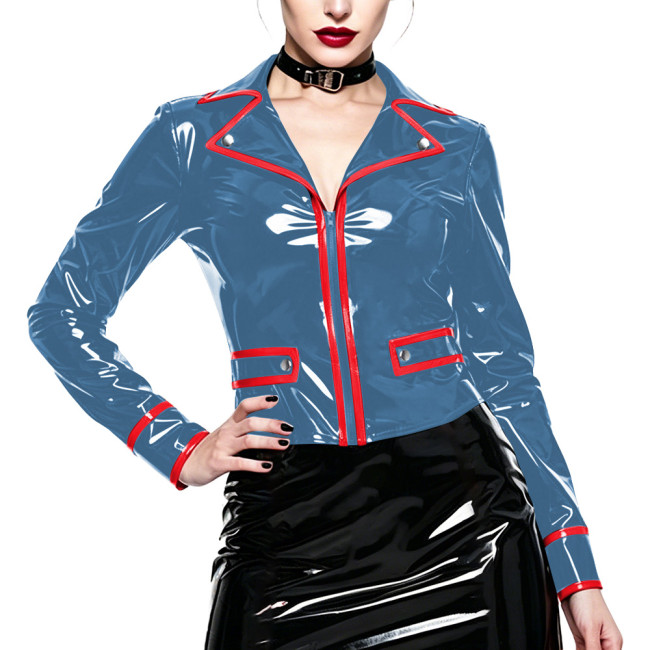 Gothic Shiny PVC Leather Short Jacket for Ladies Fashion Lapel Collar Zipper Long Sleeve Slim Coat Tops Glossy Club Outerwear