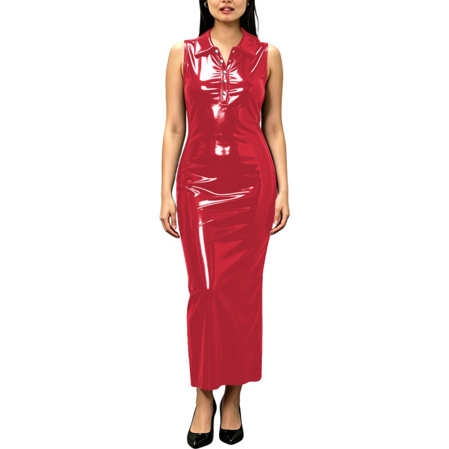 Vinyl Lapel Collar Button PVC Leather Bodycon Long Dress Womens Glossy Sexy Slim Maxi Pencil Dress for Cocktail Party Outfits