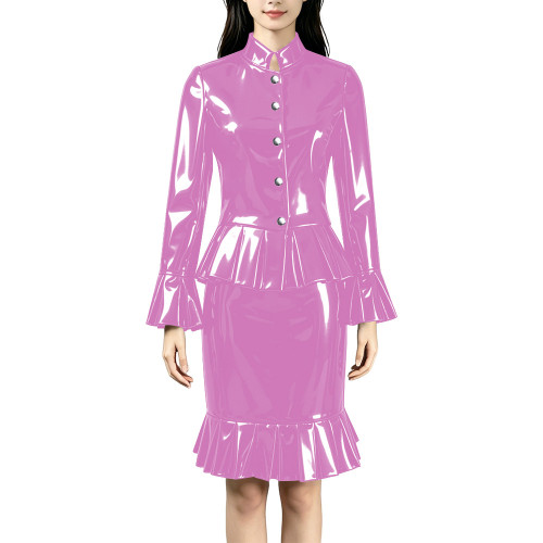 Plus Size PVC Glossy Leather Skirt Sets Elegant Mock Neck Single Breasted Peplum Blouses Skirts 2 Piece Suit Female Streetwear