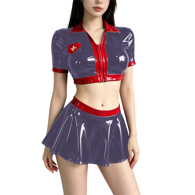Women's Anime Role Playing Nurse Costume Vinyl PVC Leather Patchwork Cropped Jacket Pleated Mini Skirt Sets Nurse Doctor Uniform
