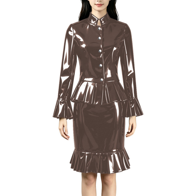 Plus Size PVC Glossy Leather Skirt Sets Elegant Mock Neck Single Breasted Peplum Blouses Skirts 2 Piece Suit Female Streetwear