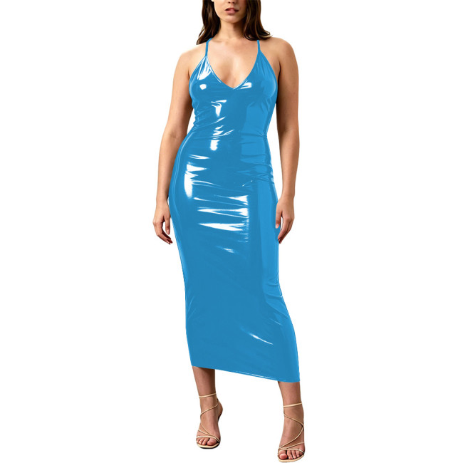 Sexy Vinyl PVC Leather Slip Dress Women Elegant Cross Back Zipper Midi Dresses Summer V Neck Spaghetti Straps Party Gown Vestido