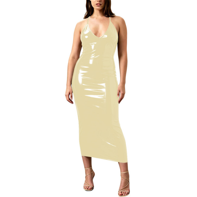 Sexy Vinyl PVC Leather Slip Dress Women Elegant Cross Back Zipper Midi Dresses Summer V Neck Spaghetti Straps Party Gown Vestido
