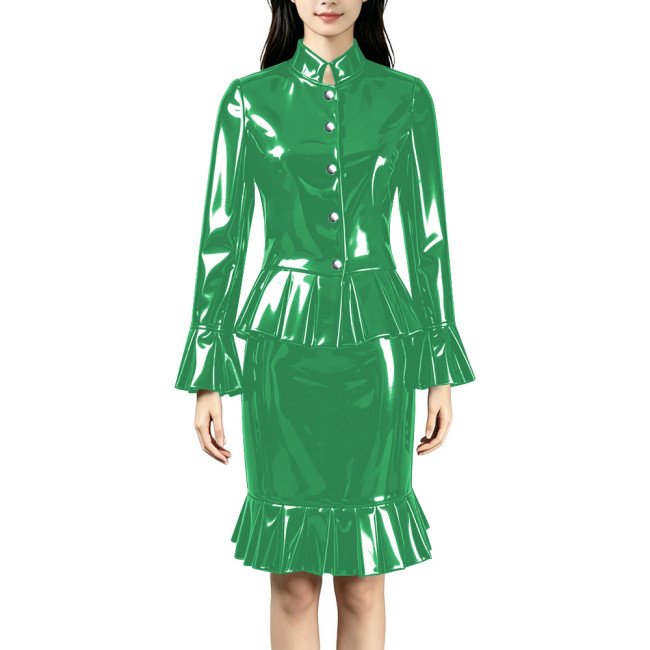 Plus Size PVC Glossy Leather Skirt Sets Elegant Mock Neck Single Breasted Peplum Blouses Skirts 2 Piece Suit Female Streetwear