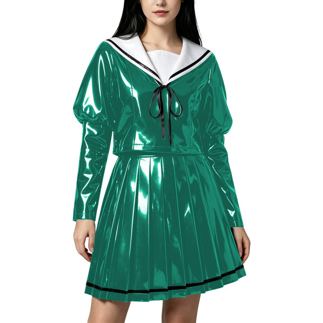 Sweet Wetlook PVC Sailor Cosplay Outfit Sailor Collar Puff Long Sleeve Pleated Short Skirt 2‑Piece Set for Theme Party Halloween
