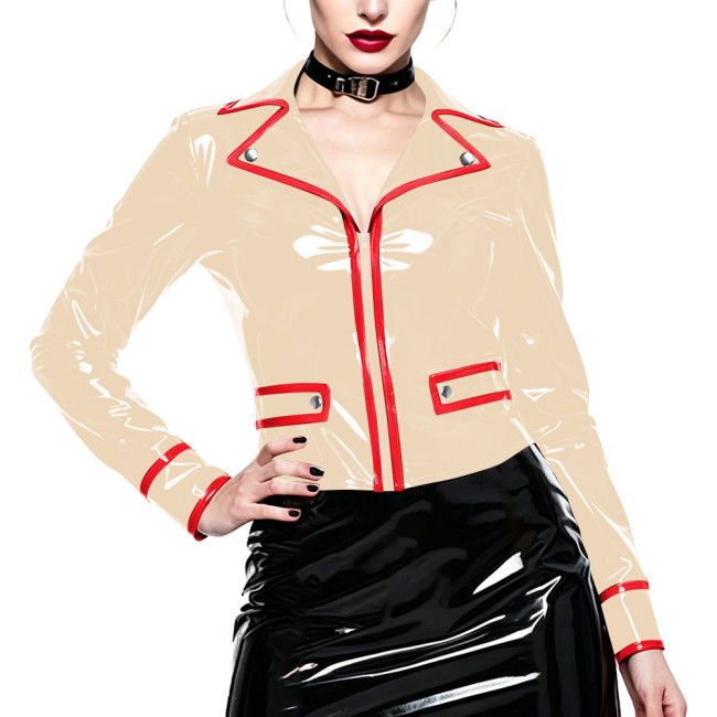 Gothic Shiny PVC Leather Short Jacket for Ladies Fashion Lapel Collar Zipper Long Sleeve Slim Coat Tops Glossy Club Outerwear