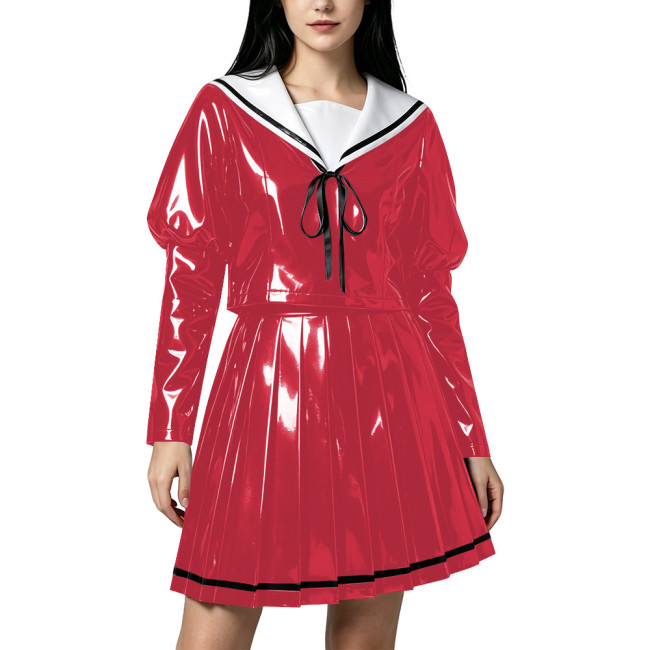 Sweet Wetlook PVC Sailor Cosplay Outfit Sailor Collar Puff Long Sleeve Pleated Short Skirt 2‑Piece Set for Theme Party Halloween