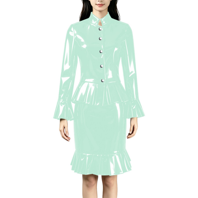 Plus Size PVC Glossy Leather Skirt Sets Elegant Mock Neck Single Breasted Peplum Blouses Skirts 2 Piece Suit Female Streetwear