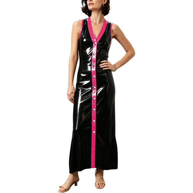 Women Contrast Color V-neck PVC Long Pencil Dress Female Single Breasted Chic Sleeveless Black Ankle-length Dresses Streetwear