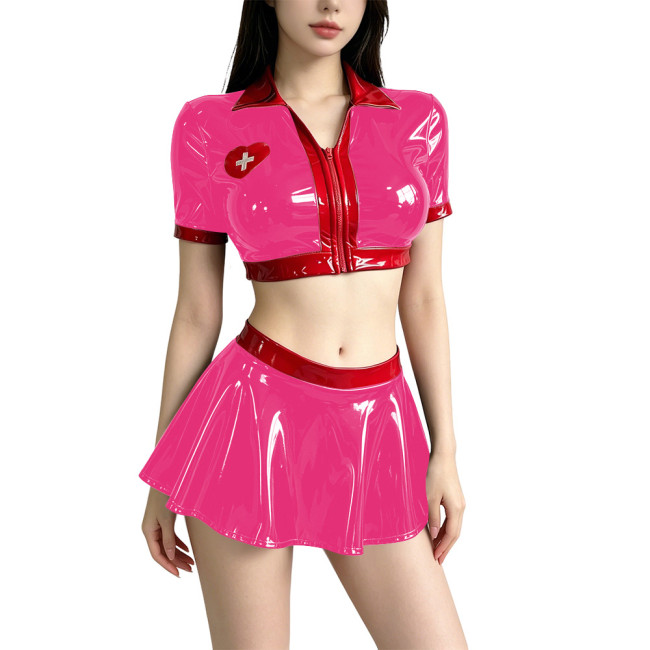 Women's Anime Role Playing Nurse Costume Vinyl PVC Leather Patchwork Cropped Jacket Pleated Mini Skirt Sets Nurse Doctor Uniform