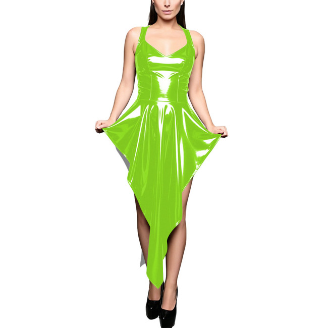 Sexy Glossy Sweetheart Neck Sleeveless Irregular Party Dress PVC Shiny Asymmetrical High Low Hem Dresses Carnival Stage Costume