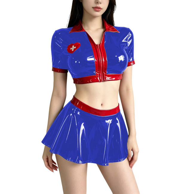 Women's Anime Role Playing Nurse Costume Vinyl PVC Leather Patchwork Cropped Jacket Pleated Mini Skirt Sets Nurse Doctor Uniform