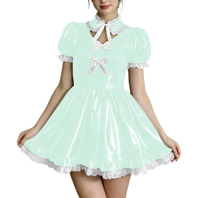 Sissy Short Puff Sleeve French A-line Dress with Bow Choker Fetish PVC Leather Pleated Mini Dress Crossdressing Cosplay Costume