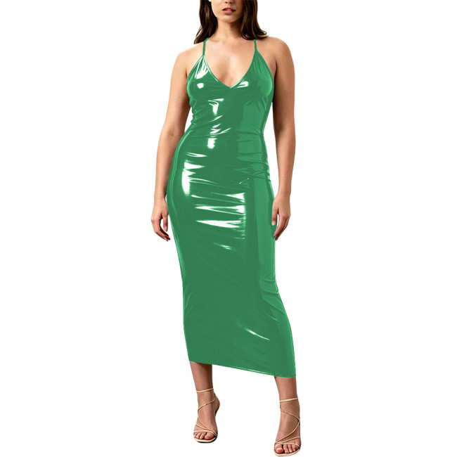 Sexy Vinyl PVC Leather Slip Dress Women Elegant Cross Back Zipper Midi Dresses Summer V Neck Spaghetti Straps Party Gown Vestido