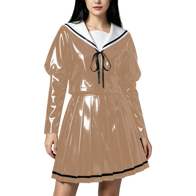 Sweet Wetlook PVC Sailor Cosplay Outfit Sailor Collar Puff Long Sleeve Pleated Short Skirt 2‑Piece Set for Theme Party Halloween