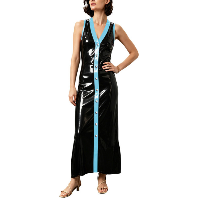 Women Contrast Color V-neck PVC Long Pencil Dress Female Single Breasted Chic Sleeveless Black Ankle-length Dresses Streetwear