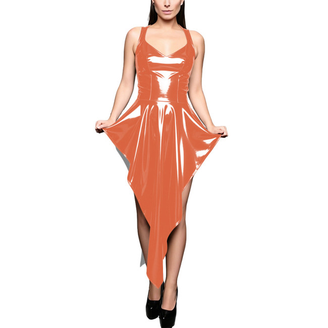 Sexy Glossy Sweetheart Neck Sleeveless Irregular Party Dress PVC Shiny Asymmetrical High Low Hem Dresses Carnival Stage Costume