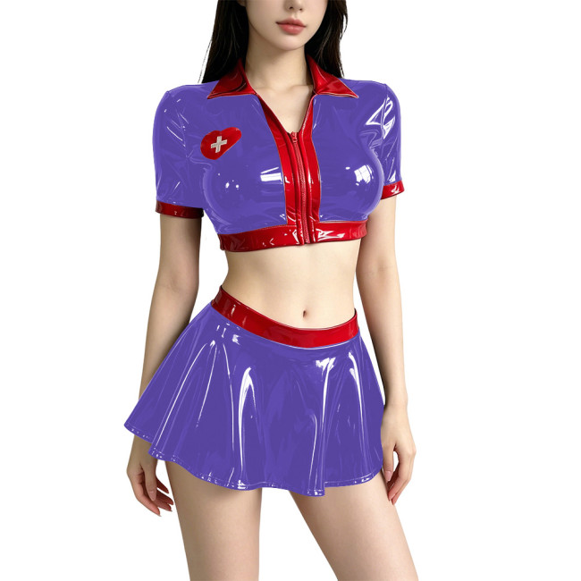 Women's Anime Role Playing Nurse Costume Vinyl PVC Leather Patchwork Cropped Jacket Pleated Mini Skirt Sets Nurse Doctor Uniform