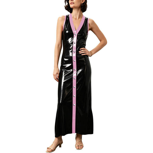 Women Contrast Color V-neck PVC Long Pencil Dress Female Single Breasted Chic Sleeveless Black Ankle-length Dresses Streetwear