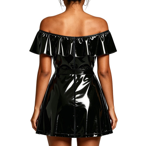 Plus Size Glossy Faux PVC Leather Off Shoulder Mini Dress Women's Ruffle Short Sleeve Belted Swing Dress Night Party Costume 8XL