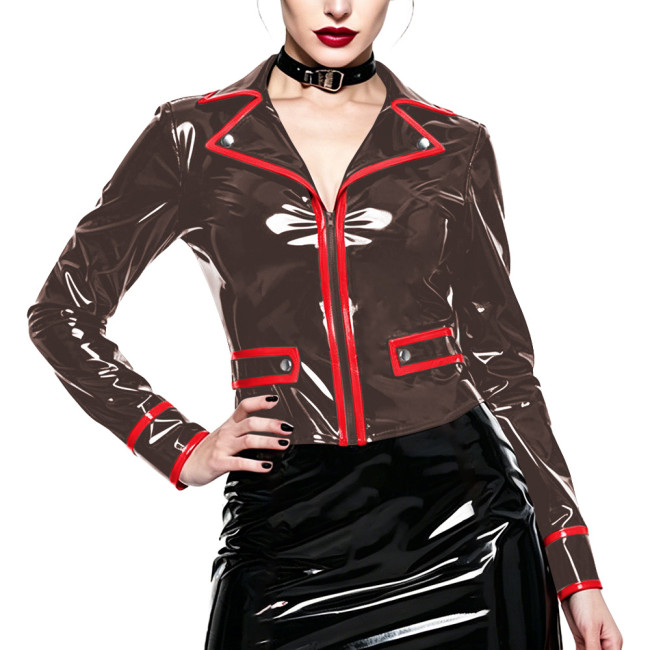 Gothic Shiny PVC Leather Short Jacket for Ladies Fashion Lapel Collar Zipper Long Sleeve Slim Coat Tops Glossy Club Outerwear