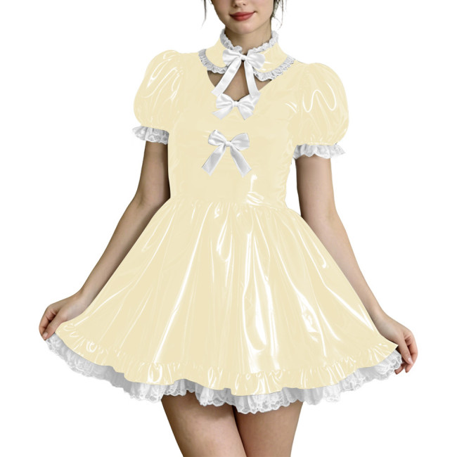 Sissy Short Puff Sleeve French A-line Dress with Bow Choker Fetish PVC Leather Pleated Mini Dress Crossdressing Cosplay Costume