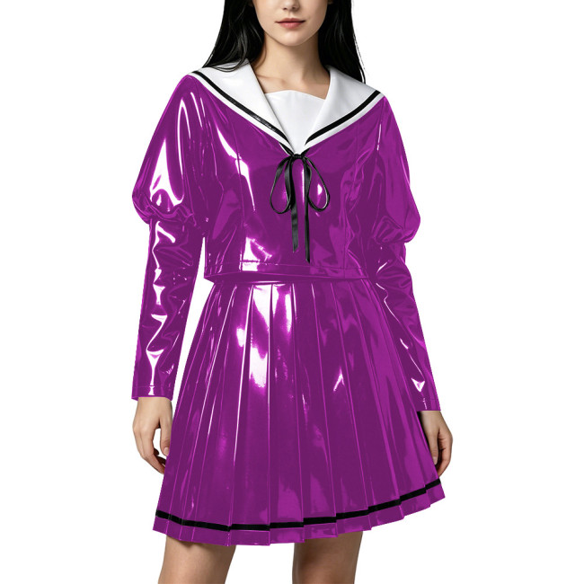 Sweet Wetlook PVC Sailor Cosplay Outfit Sailor Collar Puff Long Sleeve Pleated Short Skirt 2‑Piece Set for Theme Party Halloween