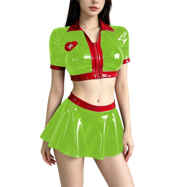 Women's Anime Role Playing Nurse Costume Vinyl PVC Leather Patchwork Cropped Jacket Pleated Mini Skirt Sets Nurse Doctor Uniform