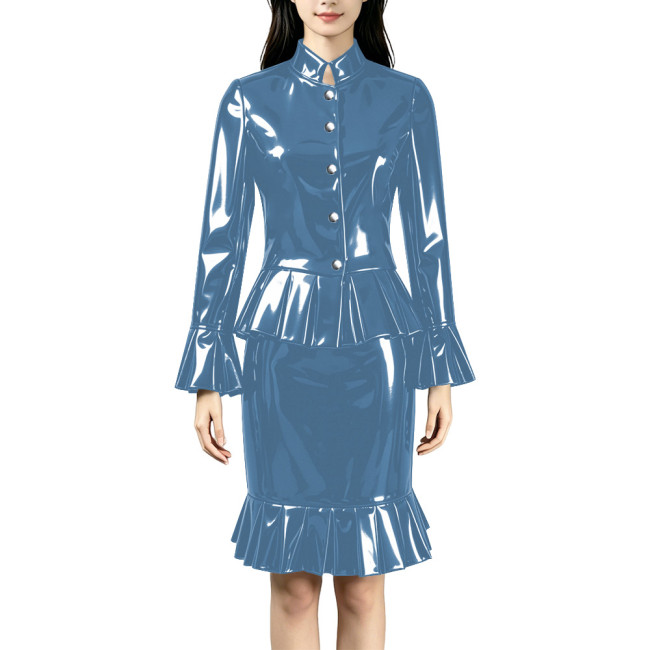 Plus Size PVC Glossy Leather Skirt Sets Elegant Mock Neck Single Breasted Peplum Blouses Skirts 2 Piece Suit Female Streetwear