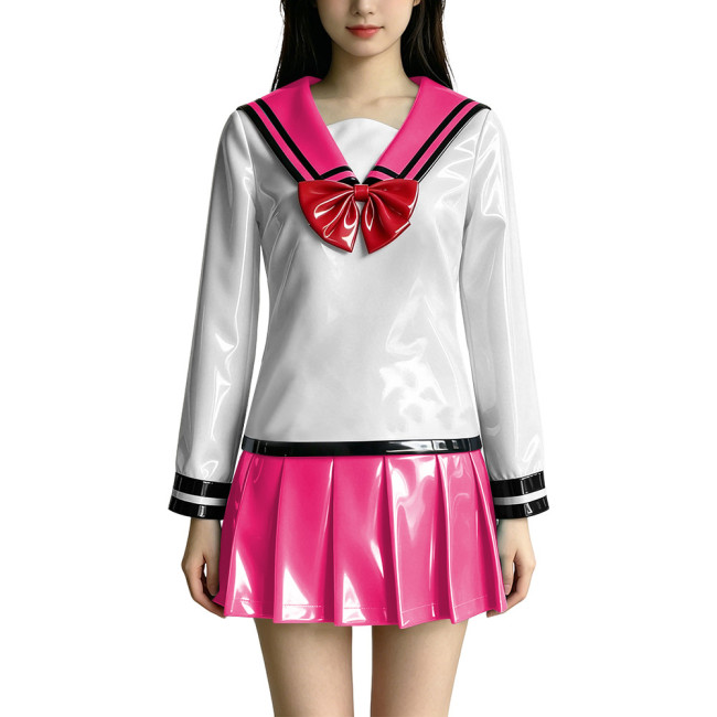 Anime PVC Glossy Leather JK Uniform Sailor Skirt Suit Full Sleeve Sailor Collar Top Mini Pleated Skirt Halloween Cosplay Outfits