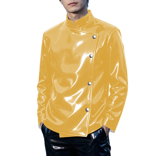 Mens Club Shiny PVC Leather Stand Collar Jacket Punk Oblique Placket Buttons Long Sleeve Slim Coat Wet Look Night Out Glossy Top