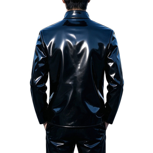Mens Club Shiny PVC Leather Stand Collar Jacket Punk Oblique Placket Buttons Long Sleeve Slim Coat Wet Look Night Out Glossy Top